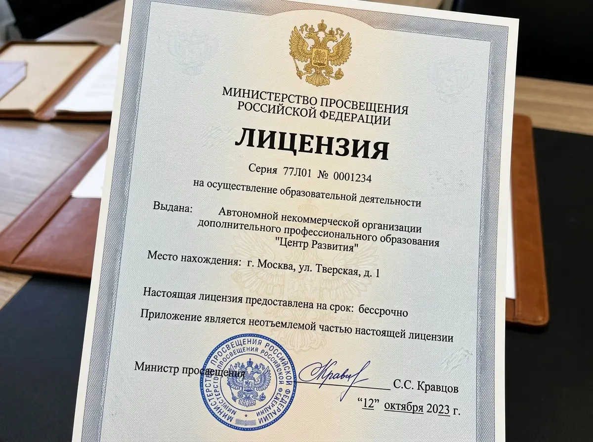 Документ лицензии на образовательную деятельность — официальный бланк с печатью Министерства просвещения РФ