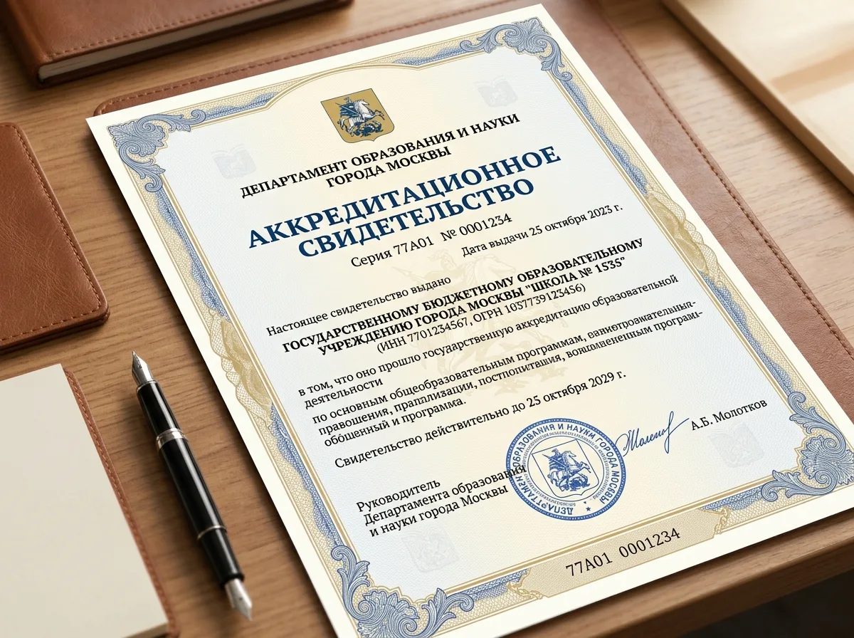 Сертификат аккредитации Департамента образования города Москвы — официальный бланк с синей печатью